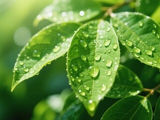 Fresh Green Leaves with Dew Drops in Morning Light