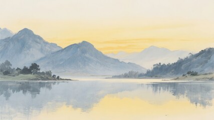 Calm Lake at Dawn with Mountain Reflections