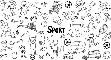 Playful Sport Doodle: A Whimsical Hand-Drawn Illustration of Various Sports Equipment and Activities for Energetic Designs