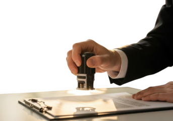 Hand stamping a document with a rubber stamp isolated on transparent background