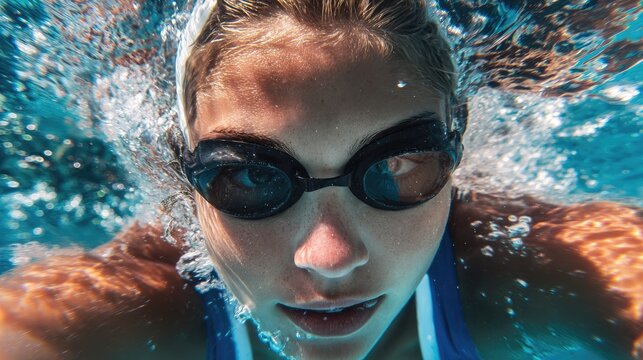 Close-up of a swimmer submerged in water.