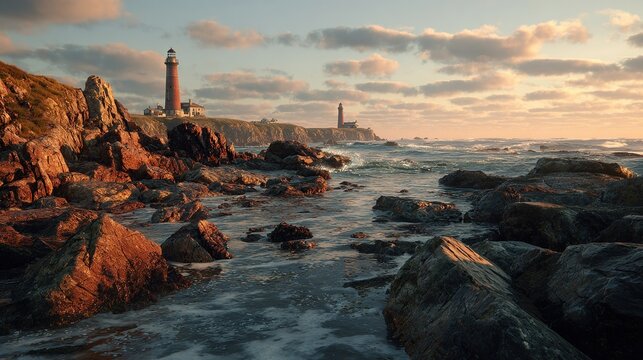 Two lighthouses stand tall on a rocky coast at sunset, their red brick structures silhouetted against a vibrant, cloud-filled sky.  Ocean waves crash against the shore,  - Powered by Adobe