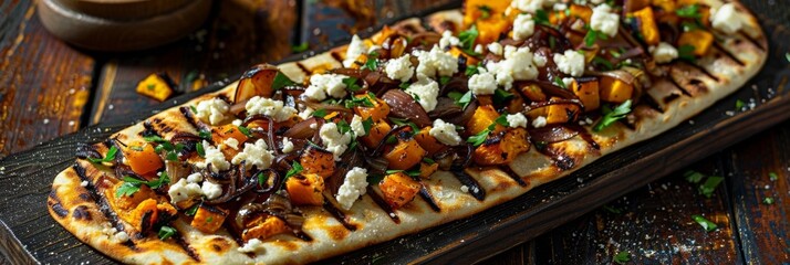 A balance of sweet and savory on a grilled veggie flatbread featuring caramelized onions roasted butternut squash and tangy goat cheese.
