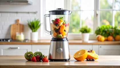 A vibrant image showcasing a blender filled with fresh fruit, ready for a healthy smoothie, in a modern kitchen setting.