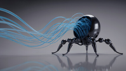A glossy black spider like robot with blue strands coming out of it against a gray background