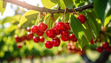Ripe Red Cherries Hanging from a Branch with Lush Green Leaves, Illuminated by Sunlight in a Summer Orchard