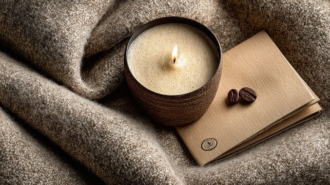 Lit candle with coffee beans on a cozy brown textured blanket.