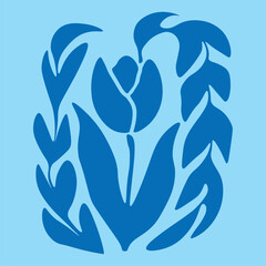 Blue tulip and leaf branches. Minimal art. Isolated on light blue background.