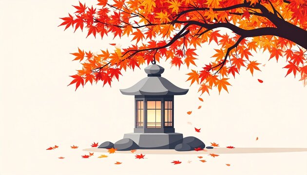  Lantern and Maple. A beautiful, balanced vector illustration.  A simple grey stone lantern silhouette sits under the branch of a Japanese maple tree

