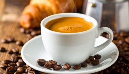 A delicious cup of fresh, hot coffee with roasted beans and a pastry on a wooden , perfect for a morning breakfast.