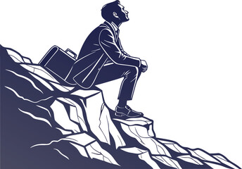 Man in suit sitting on rocky cliff looking up towards the sky