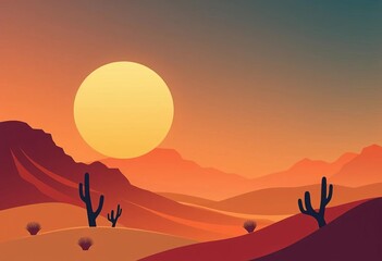 Minimalist abstract landscape illustration featuring sun, moon, mountains, and desert hills in sunset hues; trendy mid-century boho style,  mid century modern,  simple