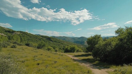 Idyllic Mountain Valley Vista with Rolling Hills and Serene Cloudscape