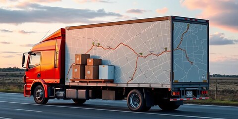 Logistics truck with parcels on a map tracking route,  map,  parcels