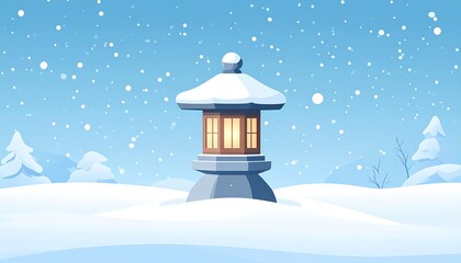  Lantern in the Snow. A clean, abstract vector illustration of a Japanese stone lantern covered in a thick blanket of pure white snow
