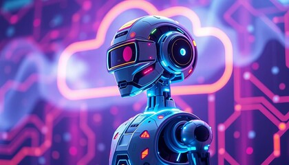 Isometric neon AI robot system analyzing big data on cloud, secured,  illustration,  robot