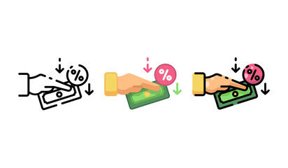 Hand gesture showing a reduction in money percentage, ideal for finance, budgeting, and down payment concepts.