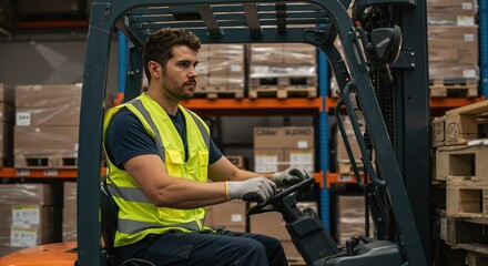 Man operating forklift in warehouse with stacked pallets in background  