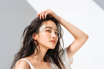 Fototapeta premium 頭に手を当てている女性