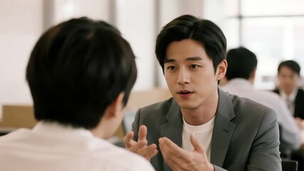 Fototapeta premium Two individuals engaged in a conversation in an office setting, with one person gesturing while speaking.