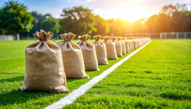  A Line of Sacks. A clean, ultra-realistic still life photograph of a row of empty, rustic burlap sacks and a simple white line drawn on a green grass field, waiting for a sack race to begin.  The sce