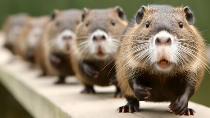 Fototapeta premium A group of furry rodents, nutria or beavers, are standing in a line on a wooden platform. 