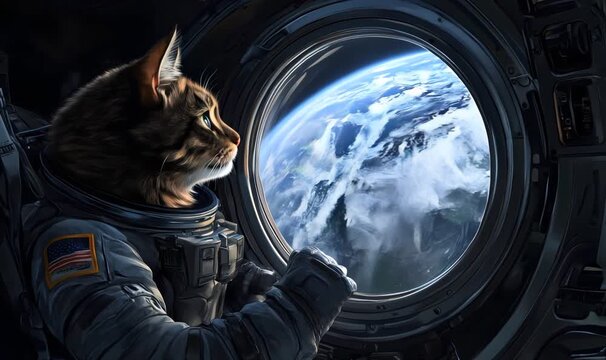 Astronaut cat gazing at earth through a spaceship window, a captivating blend of science fiction and feline charm