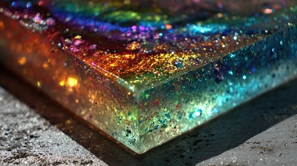 Close-up of a vibrant, iridescent resin block, showcasing a rainbow of colors and glitter