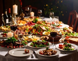 Festive dining table laden with various dishes