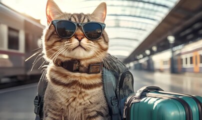 Cat wearing sunglasses and backpack is waiting for the train at the station, ready for new adventures