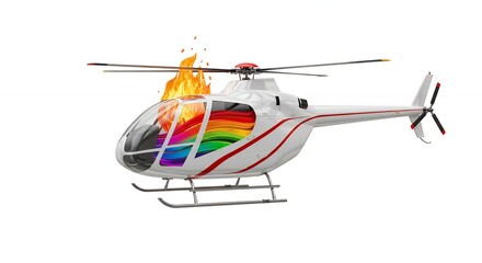 Burning helicopter with rainbow pattern