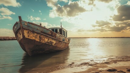 Fototapeta premium Old, weathered boat at the edge of the water, with a bright, sunny sky.
