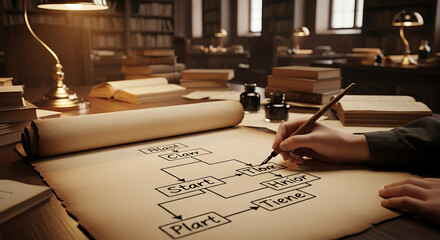 Close up of a person s hand drawing a flowchart on an old parchment scroll in a dimly lit study