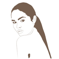 This is a minimalist vector illustration of a beautiful woman gazing alluringly over her bare shoulder. Her features are defined by delicate brown lines against a clean white background.

