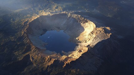An aerial view of a volcanic crater lake, sunlight illuminating its rugged, textured walls and the calm, dark water within, nestled amongst verdant hills