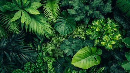 Tropical green foliage texture for background. Lush greenery from above.