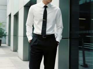 Man in formal attire standing outdoors near a modern building
