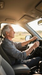 Senior man driving a car on a sunny day, enjoying the open road.