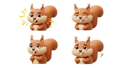 Obraz premium Four cartoon squirrel characters with diverse expressions