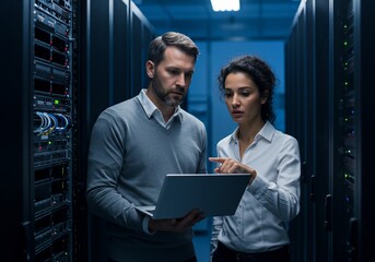 Data Center Teamwork: Engineers Analyzing Server Performance on Laptop