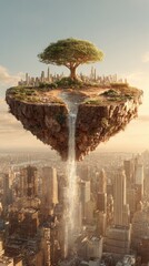 Floating island city with a tree and waterfall, digital art, surreal landscape, warm lighting.