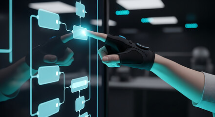 Close up of a person wearing a glove interacting with a futuristic glowing digital interface or flowchart on a dark background