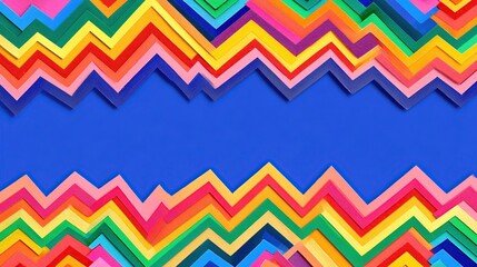 Colorful zigzag patterns frame a vibrant blue background