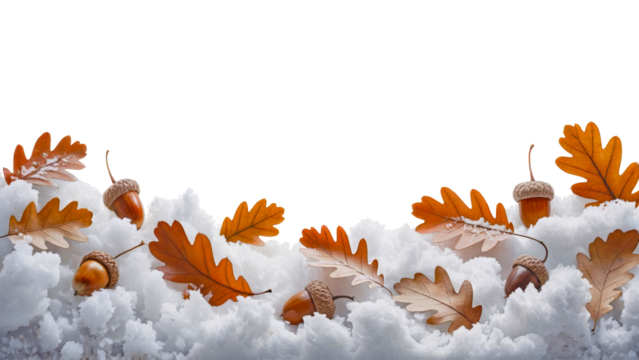 Fallen oak leaves and acorns on fluffy snow pile, autumn and winter seasonal transition, realistic texture, transparent background, isolated bottom border for festive design use