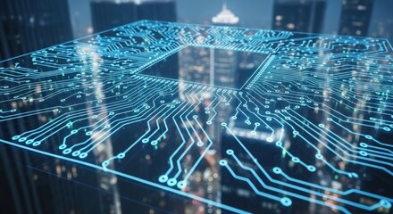Futuristic Cityscape with Integrated Circuit Board Overlay, Digital Technology Concept