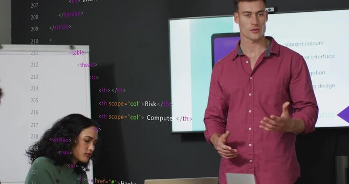 Presenter gesturing to chart and screen updating cybersecurity terms as coworkers typing and noting