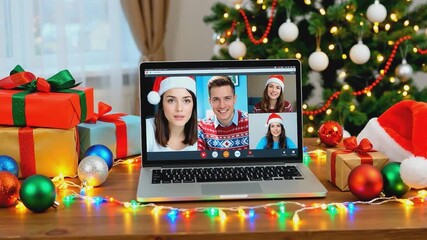 Laptop on a decorated table showing a festive video call with people wearing Santa hats, surrounded by Christmas lights, gifts, and ornaments - Powered by Adobe