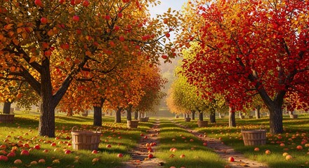 Naklejka premium An autumnal apple orchard with vibrant red and orange trees, a winding path, and baskets of freshly harvested fruit.