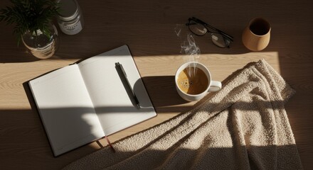 Relaxing morning routine with hot coffee, blank journal, and sunlit desk