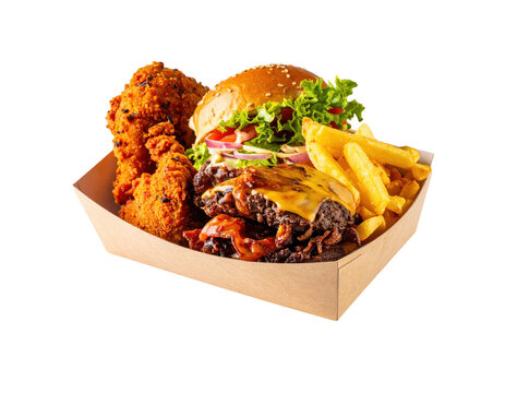 Modern Fast Food Tray Displaying New Menu Items in mid-Air on white surface